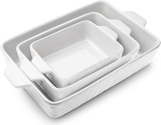 Casserole Dishes for Oven, Ceramic Baking Dishes, Lasagna Pan with Handles, Porcelain Baking Pan Deep, Bakeware for Baking, Cooking, Wedding Gift, Set of 3 (11.6" x 7.8", White) by Krokori