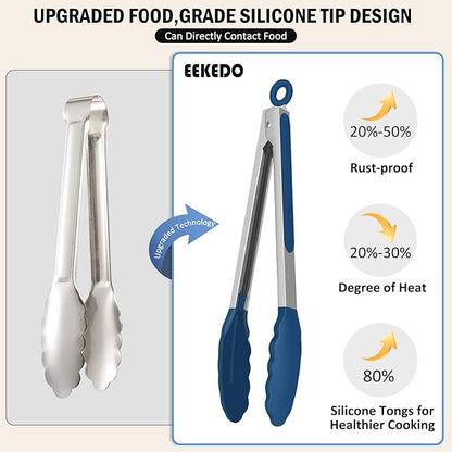 Tongs for Cooking, 600ºF High Heat-Resistant Stainless Steel Kitchen Tongs with Silicone Tips, Non Scratch, Locking Tong for BBQ Grilling Air Fryer Food Salads, Set of 2 (9" and 12") Navy Blue - Image 7