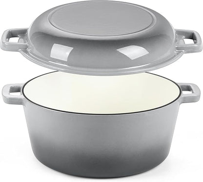 P&P CHEF 5Qt Dutch Oven Pot for Bread Baking (Gray), 2 In 1 Round Cast Iron Dutch Oven with Lid Set, Skillet & Pot for Roasting Braising Stewing Frying Simmering, Multi Stoves & Oven Safe by PPCHEF