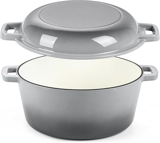 P&P CHEF 5Qt Dutch Oven Pot for Bread Baking (Gray), 2 In 1 Round Cast Iron Dutch Oven with Lid Set, Skillet & Pot for Roasting Braising Stewing Frying Simmering, Multi Stoves & Oven Safe by PPCHEF