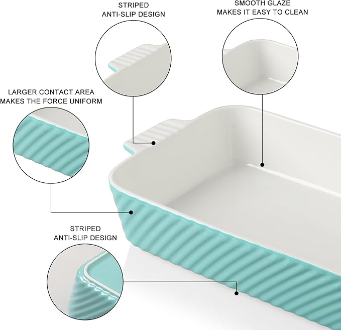 Sweejar Ceramic 13 x 9 Baking Pan, Cake Baking Dish for Brownie, Porcelain Striped Casserole Dishes for Oven with Handle for Lasagna, Family Dinner(Turquoise) - Image 4