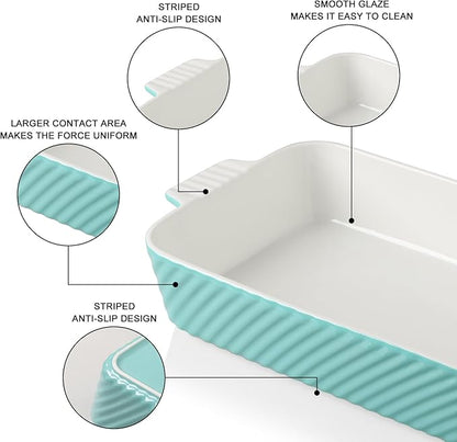 Sweejar Ceramic 13 x 9 Baking Pan, Cake Baking Dish for Brownie, Porcelain Striped Casserole Dishes for Oven with Handle for Lasagna, Family Dinner(Turquoise) - Image 4