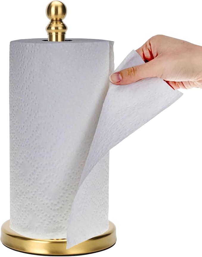 Gold Paper Towel Holder Countertop, Standing Paper Towel Roll Holder for Kitchen Bathroom, with Weighted Base for One-Handed Operation (Gold) by Exilon