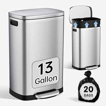 ELPHECO Kitchen Trash Can with Lid Soft Close,13 Gallon / 50L Stainless Steel Pedal Garbage Can, Heavy-Duty Fingerprint Proof Step Wastebasket with 20 Bags, Removable Bucket, Home Office, Silver by ELPHECOUSA