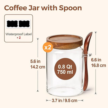 ComSaf of 2(0.8Qt) Glass Coffee Canister, Airtight Coffee Container with Spoon for Coffee Lovers to Store Whole Beans or Grounds, Coffee Jar Organize Coffee Bar & Office Tabletop - Image 2