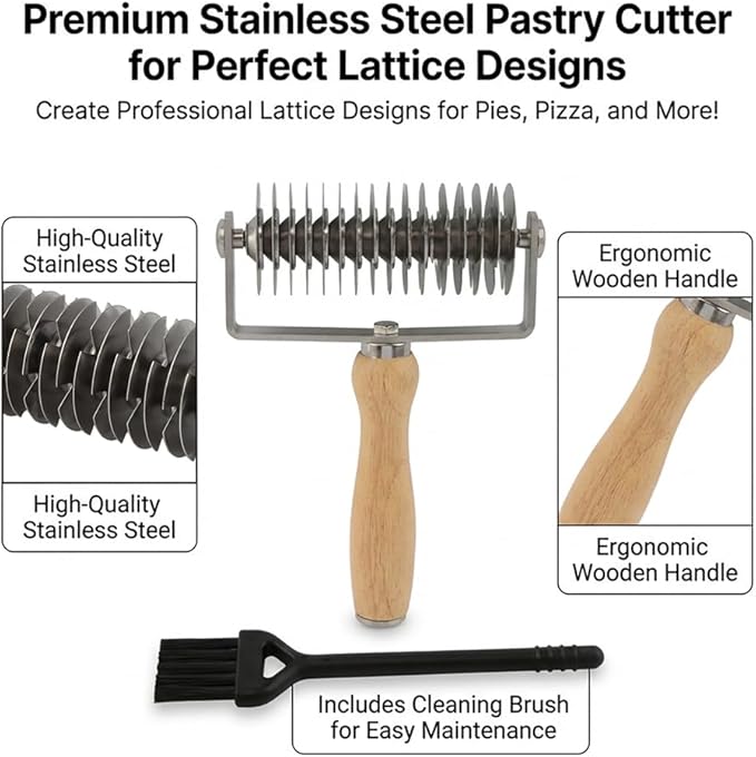 Pastry Lattice Roller Cutter with 1 Small Brush, Stainless Steel Lattice Pastry Cutter with Wooden Handle for Beef Wellington Pie Bread Cookie Pizza(COLOR:Silver)