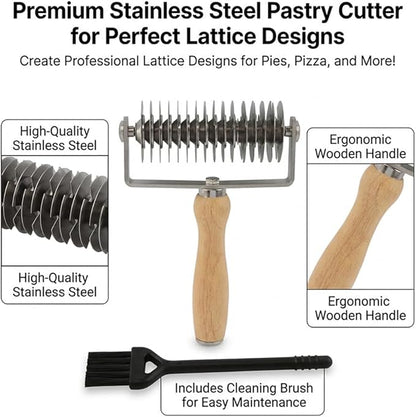 Pastry Lattice Roller Cutter with 1 Small Brush, Stainless Steel Lattice Pastry Cutter with Wooden Handle for Beef Wellington Pie Bread Cookie Pizza(COLOR:Silver)