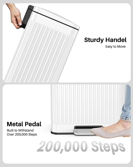 Lovewind 60 Liter/ 16 Gallon Stainless Steel Trash Can with Soft-Close Lid, Large Footstep Garbage Can with Roman Texture, Removable Inner Buckets, Recycling Bin for Kitchen Office, White