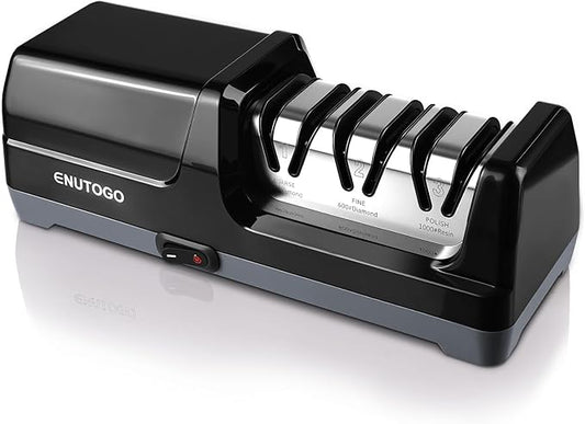 Enutogo Knife Sharpener, 3-Stage Electric Knife Sharpener for Kitchen Knives, 100% Diamond Abrasive with Quick Sharpening & Polishing, Professional Sharpening Tool with Metal Dust Collection Box by ENUTOGO
