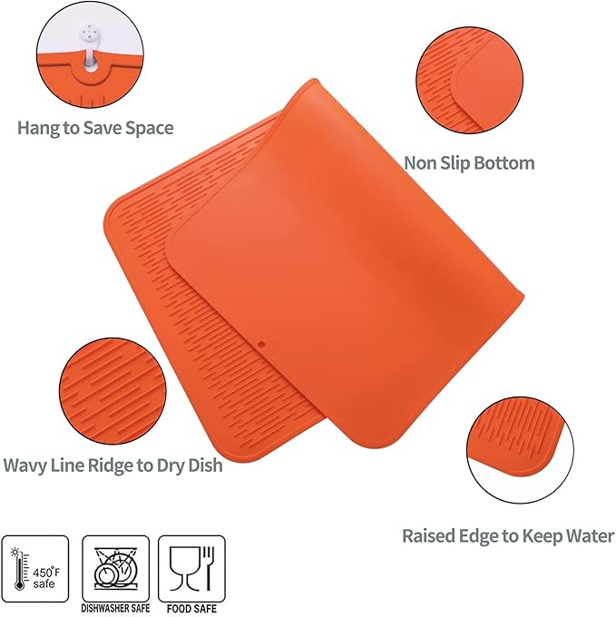 MicoYang Silicone Dish Drying Mat for Multiple Usage,Easy clean,Eco-friendly,Heat-resistant Silicone Mat for Kitchen Counter or Sink,Refrigerator or Drawer Liner Orange 4XL 32 inches x 18 inches - Image 3