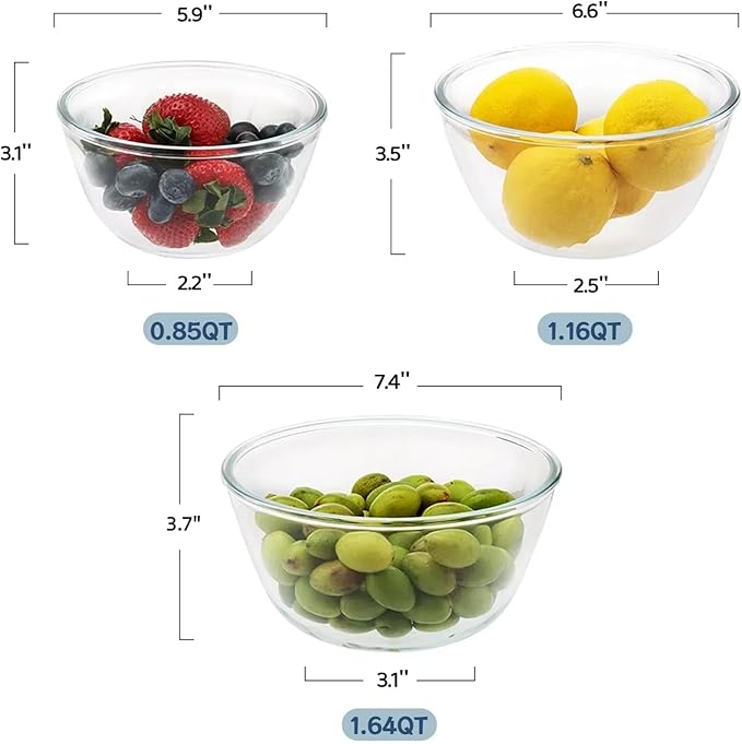 Cuiselect 3pc Glass Mixing Bowls Sets (1.64QT, 1.16QT, 0.85QT), Nesting Mixing Bowls for Cooking Prep, Baking, Storage, Large Salad Bowls Sets-Dishwasher Microwave Freezer Safe - Image 2