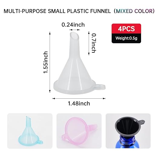 Mini Funnel 4-Pack for Lab Bottles, Sand Art, Perfume, Spice, Powder, Essential Oil, Recreational, Kitchen Food Grade Small Plastic (4colors)