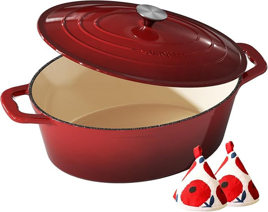 Enameled Cast Iron Dutch Oven - 9.3QT Dutch Oven Pot with Lid & Cotton Potholders - Heavy-Duty Non Stick Casserole Pot for Braising, Stews, Roasting, Baking, Suitable for All Stovetops, Cherry Red by SUNOUTLY