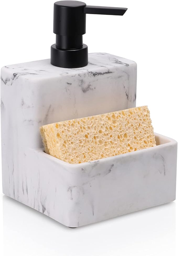zccz Soap Dispenser with Sponge Holder, Marble Look Liquid Hand and Dish Soap Dispenser Pump Bottle and Sponge Holder 2 in 1 for Kitchen Sink Bathroom Counter Storage and Organization by zccz