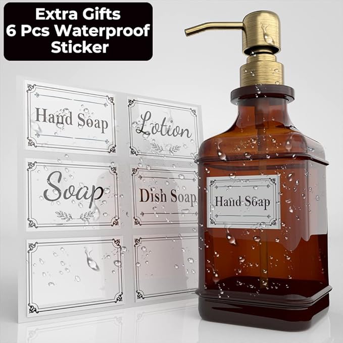 GLADPURE Soap Dispenser 2 Pack, Hand Soap Dispensers with 18 Oz Antique Design Thick Amber Glass Bottle, 316 Rust Proof Stainless Steel Pump, 6Pcs Stickers, for Lotion, Soap - Brushed Gold - Image 4