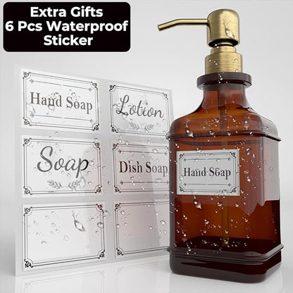 GLADPURE Soap Dispenser 2 Pack, Hand Soap Dispensers with 18 Oz Antique Design Thick Amber Glass Bottle, 316 Rust Proof Stainless Steel Pump, 6Pcs Stickers, for Lotion, Soap - Brushed Gold - Image 4