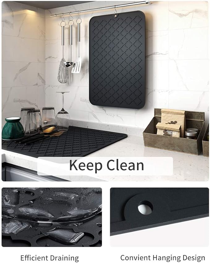 AMOAMI-Dish Drying Mats for Kitchen Counter-Silicone Dish Drying Mat-Kitchen Dish Drying Pad Heat Resistant Mat-Kitchen Gadgets Kitchen Accessories Kitchen Small Appliances(16" x 18", BLACK) - Image 2