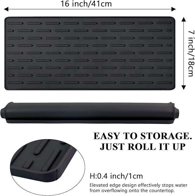Silicone Coffee Mat, 16"X7" Heat-Resistant,Eco-friendly,Hygienic Drying Pad,Leak-Proof and Non-Slip,Removable Silicone Mat with Concave and Convex Design,（Black 16X7） - Image 2