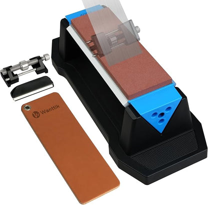 Large Knife Sharpening Stone, Tri-Stone Knife Sharpener, 3 Sides Grit 400/1000/5000, Whetstone Knife Sharpener with Non-Slip Base, Angle Guide & Leather Strop, for Kitchen Knives and Pocket Knives by WANTTIK