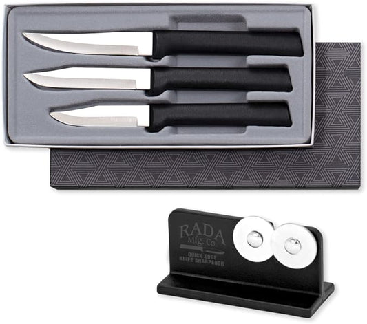 Rada Cutlery Paring Knife Galore Gift Set (G201) with Quick Edge Sharpener (R119), 3-Piece Knife Set and Knife Sharpener, Stainless Steel Blades, Black Handle