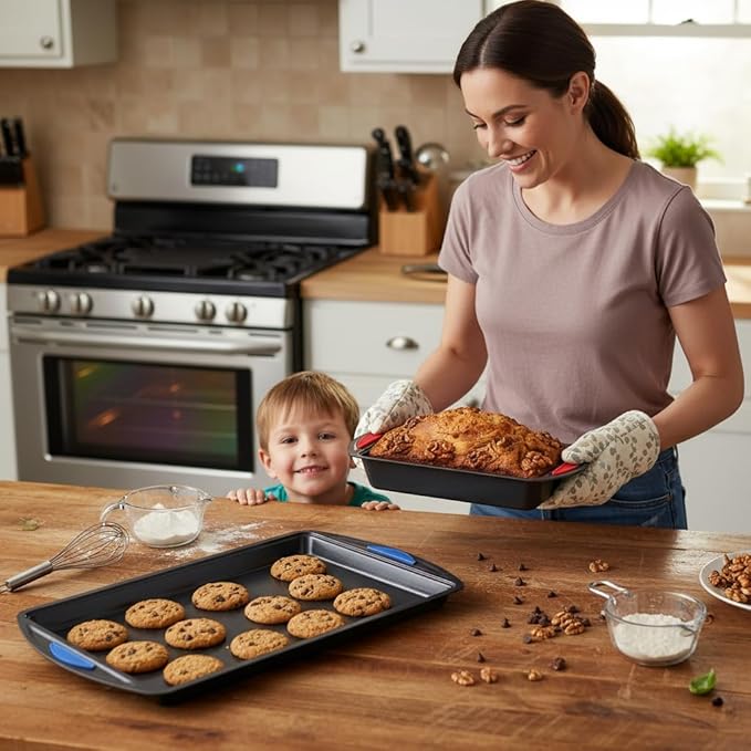 NutriChef 10-Piece Nonstick Bakeware Set - Heavy Duty Carbon Steel Baking Trays w/Silicone Handles - Includes Cookie Sheets, 12-Cup Muffin Pan, Pizza & Loaf Pan, Round & Square Pans - Easy to Clean - Image 5