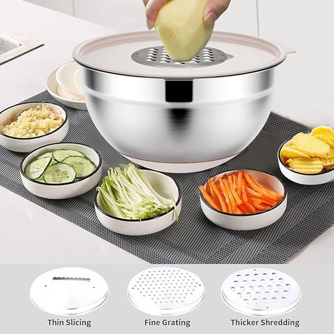 Rottay Mixing Bowls Set with Airtight Lids: 20PCS Stainless Steel Nesting Bowls - Size 7, 4, 3, 2, 1.5, 1QT Bowls with 3 Grater Attachments & Non-Slip Bottoms for Baking & Prepping - Image 3