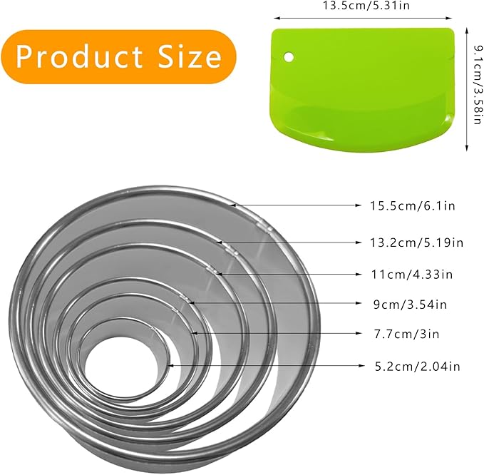 7 Pcs Round Cookie Cutter Set, 6 Pcs Stainless Steel Biscuit Cutter Set(2, 3, 3.5, 4, 5, 6 Inch) with Plastic Dough Scraper Green, Baking Tools for Cookie Biscuit Pastry