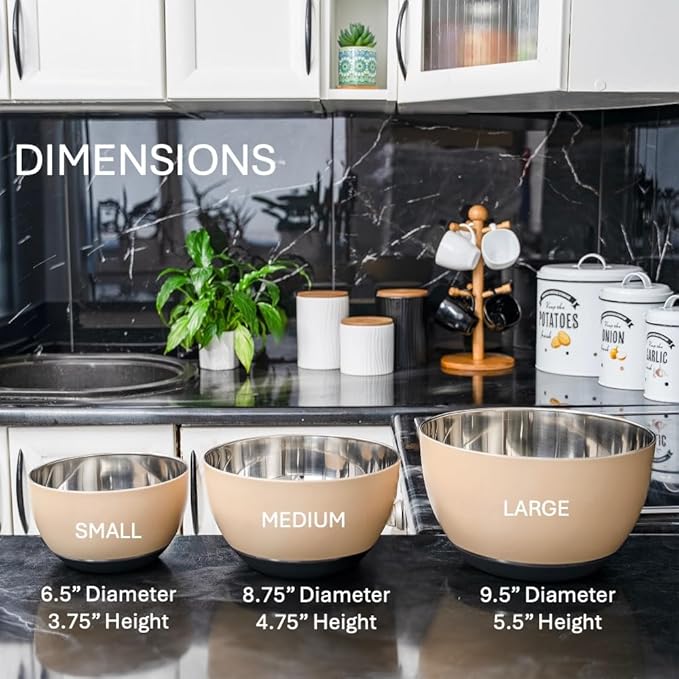 WHYSKO Stainless Steel Mixing Bowls Set of 3 with Non-Slip Silicone Base, Nesting Metal Bowls for Meal Prep, Baking, Cooking & Food Storage, Dishwasher Safe Kitchen Mixing Bowls, Tan - Image 8