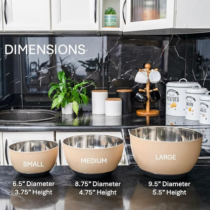WHYSKO Stainless Steel Mixing Bowls Set of 3 with Non-Slip Silicone Base, Nesting Metal Bowls for Meal Prep, Baking, Cooking & Food Storage, Dishwasher Safe Kitchen Mixing Bowls, Tan - Image 8