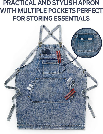 Denim Apron with Pockets for Hair Stylist Gardening Craftsmen Barista Women Hairdresser Jean Work Apron Cross Straps