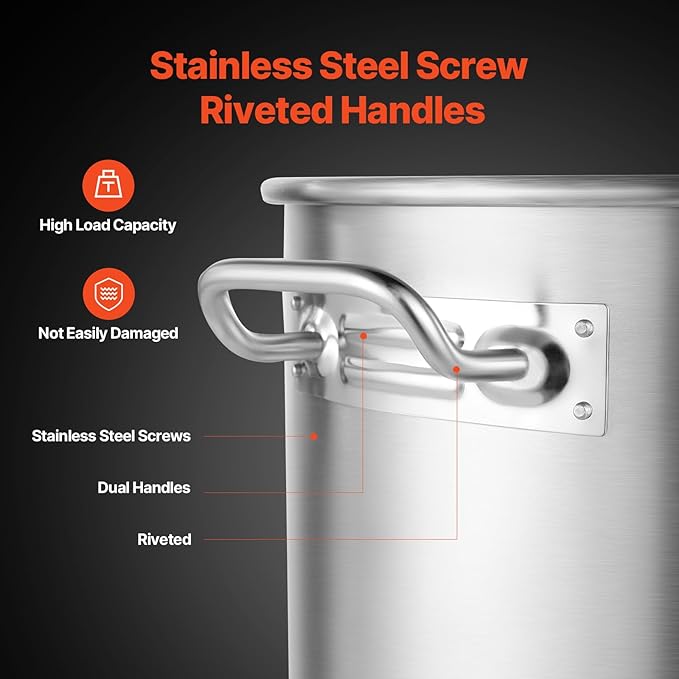 VEVOR Stainless Steel Stockpot, 100 Quart Large Cooking Pots, Cookware Sauce Pot with Basket, Lid, and Handle, Heavy Duty Commercial Grade Stock Pot, Sanding Treatment, for Large Groups Events Silver - Image 5