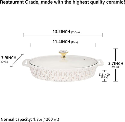 insongdafa 11" x 7.5" Ceramic Oval Casserole Dish with Glass Lid, 1.3 QT Serving Soup Tureen,Chafing Dish for Buffet, Family Food preserve Tray, Catering Casserole for Party Style