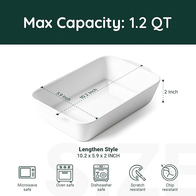 HOMBENE 1.2 QT White Casserole Dish, Lasagna Pan for Oven, Bakeware for Baking, Small Ceramic Baking Dish, Kitchen Decor, Microwave Oven Safe, Dinner Party (5.9" x 10.2") - Image 2