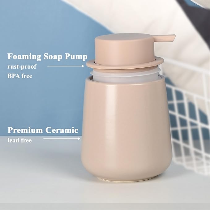 Bosilunlife Ceramic Foaming Soap Dispenser - 12Oz Bathroom Countertop Kitchen Dish Soap Pump Dispenser Foam Soap Dispenser - Khaki