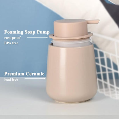 Bosilunlife Ceramic Foaming Soap Dispenser - 12Oz Bathroom Countertop Kitchen Dish Soap Pump Dispenser Foam Soap Dispenser - Khaki