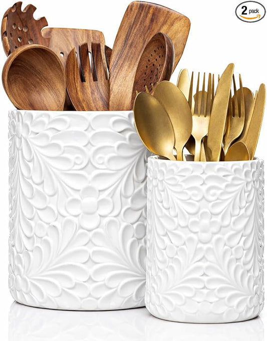 25DOL Large 7.3"+5.4" Engraved Ceramic Utensil Holder for Countertop, Cooking Utensils Organizer for Spatula, Large Utensils Crock for Kitchen Counter, Kitchen Decor, set of 2, White by 25DOL