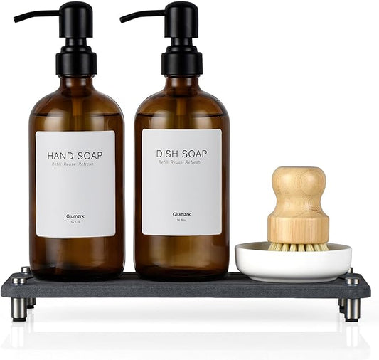 2 Pack Kitchen Soap Dispenser Set - 16oz Amber Glass Dish and Hand Soap Dispenser with Stainless Steel Pump, Instant Dry Tray, Dish Brush & Holder, Refillable Countertop Sink Decor for Kitchen & Bath by BoundlessHomeInfiniteLiving