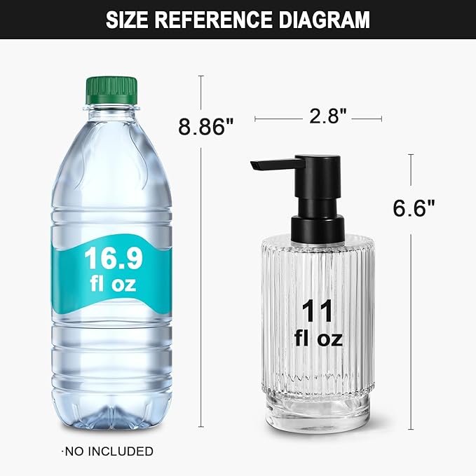 VIMERPA Glass Soap Dispenser with Pump, 2 Pack 11 fl oz Clear Hand Soap Dispensers for Bathroom, Ribbed Style Dish Soap Dispenser for Kitchen, Modern Refillable Liquid Soap Pump Bottle