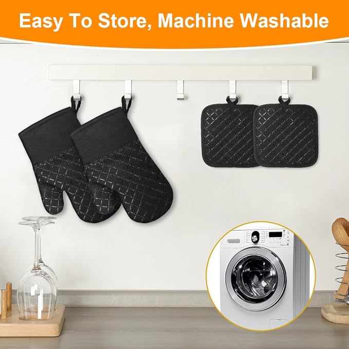 AUAUY Oven Mitts and Pot Holders 4PCS Set, 230°C/446°F Heat Resistant BBQ Gloves, Extra Thicken Long Cotton Oven Mittens, Silicone Stripes Non-Slip Kitchen Mittens for Cooking Baking Grilling - Image 7