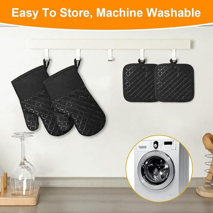 AUAUY Oven Mitts and Pot Holders 4PCS Set, 230°C/446°F Heat Resistant BBQ Gloves, Extra Thicken Long Cotton Oven Mittens, Silicone Stripes Non-Slip Kitchen Mittens for Cooking Baking Grilling - Image 7