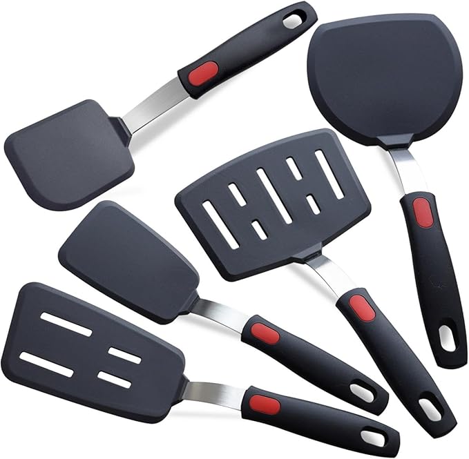 Silicone Spatula Set Turner, 5-Pack Spatulas for Nonstick Cookware, 600°F Heat Resistant Kitchen Cooking Utensils Set for Egg, Pancake Fish Sticky Baking Dishwasher Safe by KAKAMINA