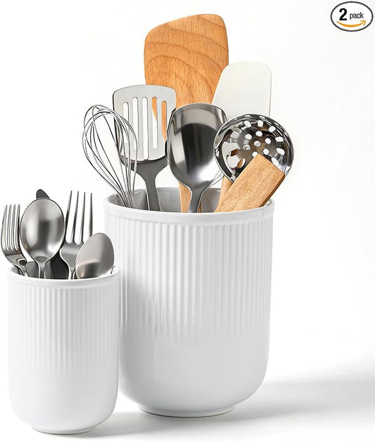 FOBENTA Utensil Holder, 7.3’’+5.4’’ Ceramic Kitchen Utensil Holder for Countertop, Large Utensil Crock–Cooking Utensil Organizer for Spatula & Spoon, Modern Kitchen Decor, Set of 2, White