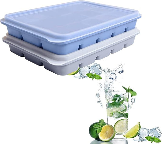 Ice Cube Trays Set of 2, Easy Release 15 Flexible Silicone Ice Cube Molds with Removable Lid Reusable Freezer Ice Trays Stackable for Whiskey, Baby Food, BPA Free (BLUE+GRAY) by Tvmania