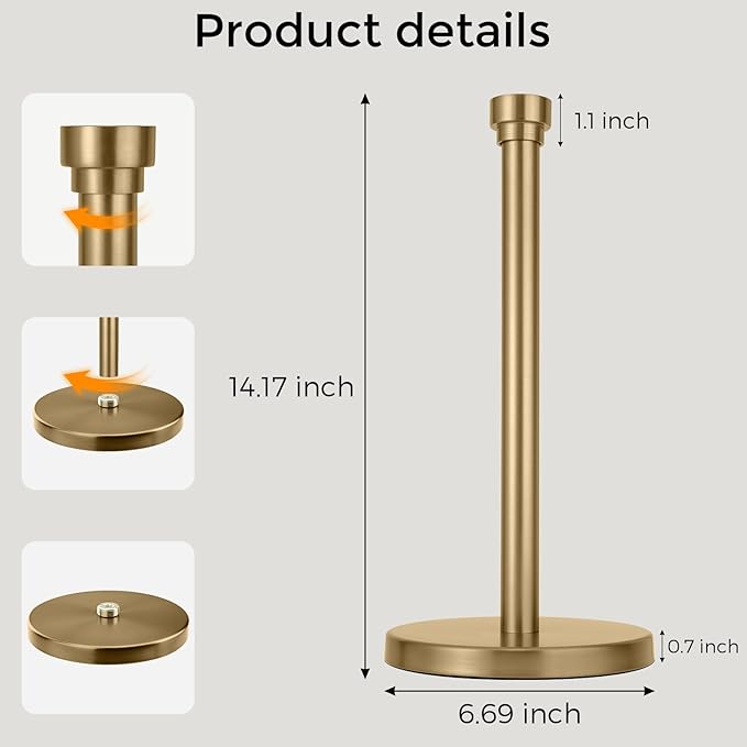 Warm Gold Paper Towel Holder Countertop, Freestanding Paper Towel Stand with Weighted Non-Slip Base, Easy Assembly, Unique Decorative End Cap for Kitchen and Bathroom - Image 8