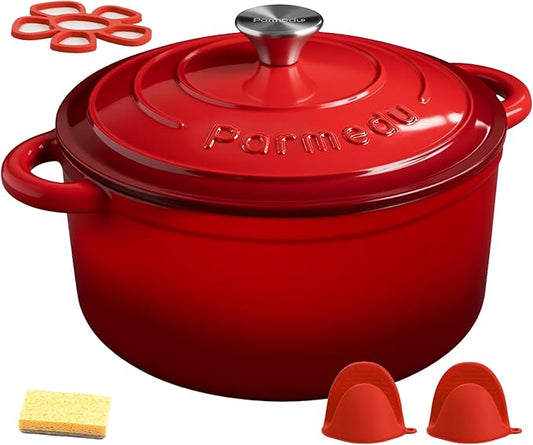 Parmedu 5.5QT Enameled Cast Iron Dutch Oven for Sourdough Bread Baking, Easy Cleaning, Versatile for Stewing, Roasting, Braised Chicken, Soup & More by Parmedu