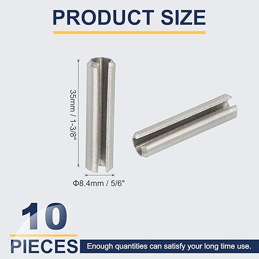 PATIKIL Slotted Spring Pin, 10 Pcs 5/16" x 1-3/8" (8.4mm x 35mm) 304 Stainless Steel Split Roll Pins Spring Dowel for Home Improvement Automotive Machine Repair, Silver