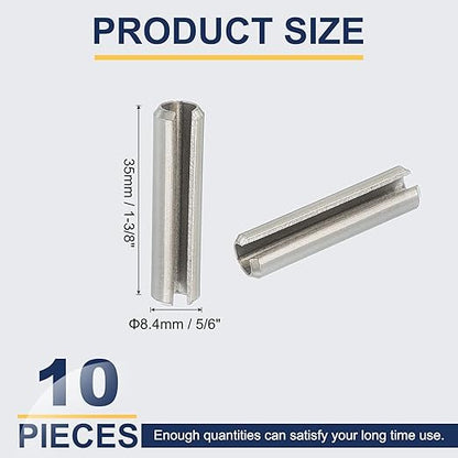PATIKIL Slotted Spring Pin, 10 Pcs 5/16" x 1-3/8" (8.4mm x 35mm) 304 Stainless Steel Split Roll Pins Spring Dowel for Home Improvement Automotive Machine Repair, Silver