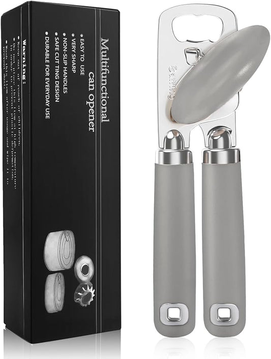Safring Can Opener Manual, Heavy Duty Stainless Steel Smooth Edge Can Opener With Soft Touch Handle, Oversized Handheld Easy Turn Knob, Multi-Function Bottle Opener, Gray