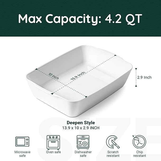 HOMBENE 4.2 QT Deep Ceramic Baking Dish, White Casserole Dish, Lasagna Pan for Oven, Ceramic Baking Pan, Kitchen Decor, Microwave Oven Safe, Dinner, Wedding (10" x 13.9") - Image 2