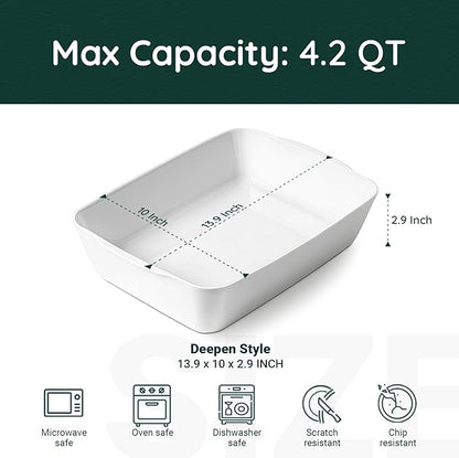 HOMBENE 4.2 QT Deep Ceramic Baking Dish, White Casserole Dish, Lasagna Pan for Oven, Ceramic Baking Pan, Kitchen Decor, Microwave Oven Safe, Dinner, Wedding (10" x 13.9") - Image 2